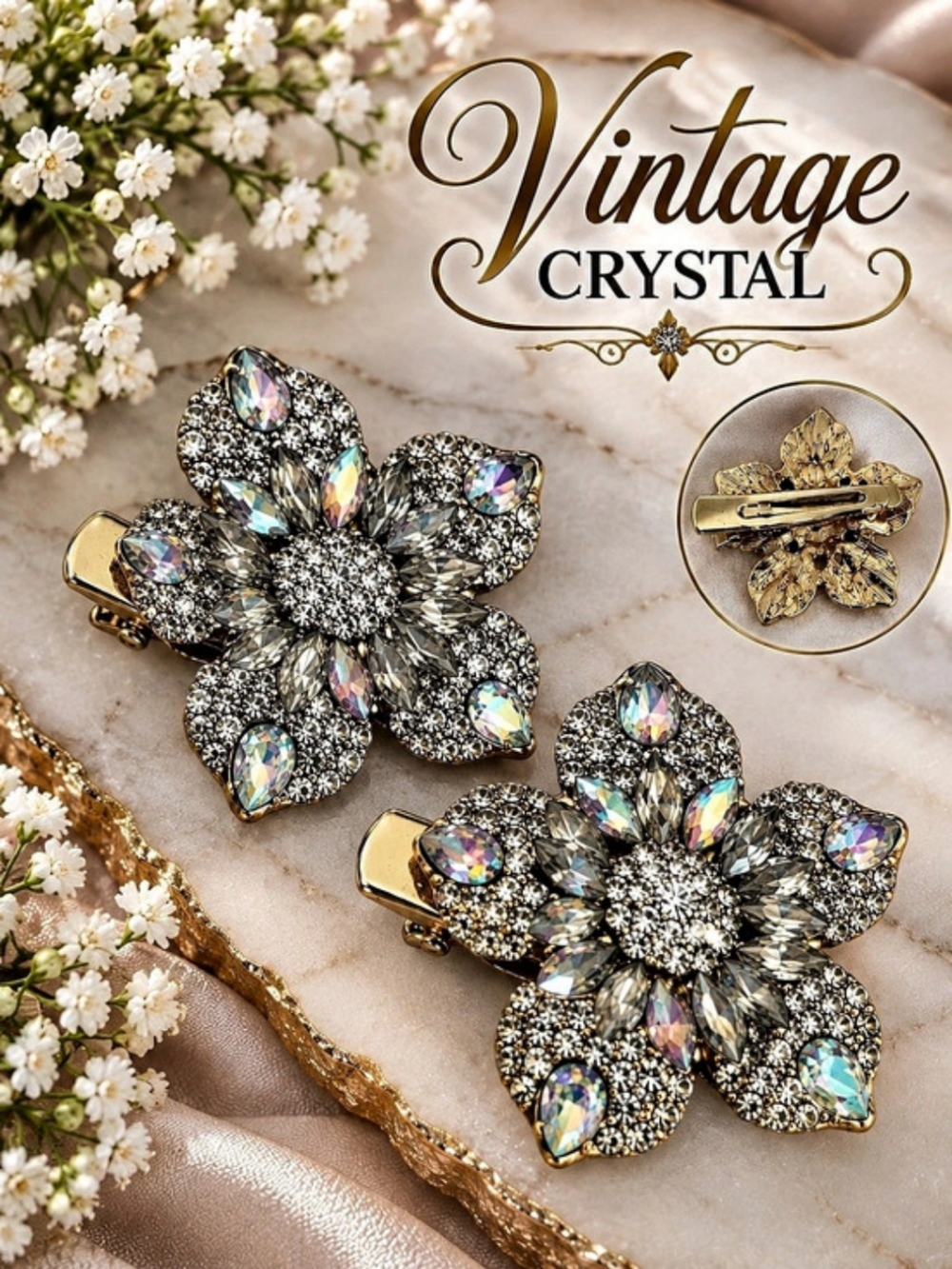 Vintage AB Crystal Rhinestone Floral Gold Tone Hair Barrette